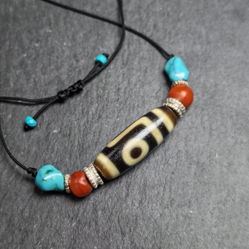 Antique 2 Eyes Dzi Bead Clavicle Necklace - Tibetan Buddhist bead necklace, front view