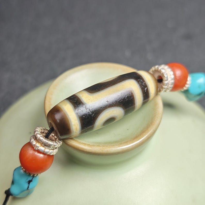 Antique 2 Eyes Dzi Bead Clavicle Necklace - Tibetan Buddhist bead necklace, view 9