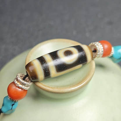 Antique 2 Eyes Dzi Bead Clavicle Necklace - Tibetan Buddhist bead necklace, view 8