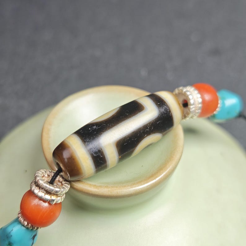 Antique 2 Eyes Dzi Bead Clavicle Necklace - Tibetan Buddhist bead necklace, view 7