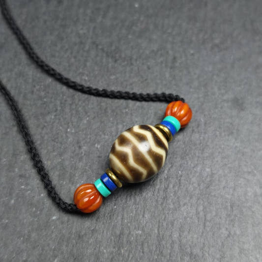 Dzi Bead Necklace - Wave Totem Dalo Dzi Clavicle Chain 20*18mm - Tibetan Buddhist bead necklace, front view
