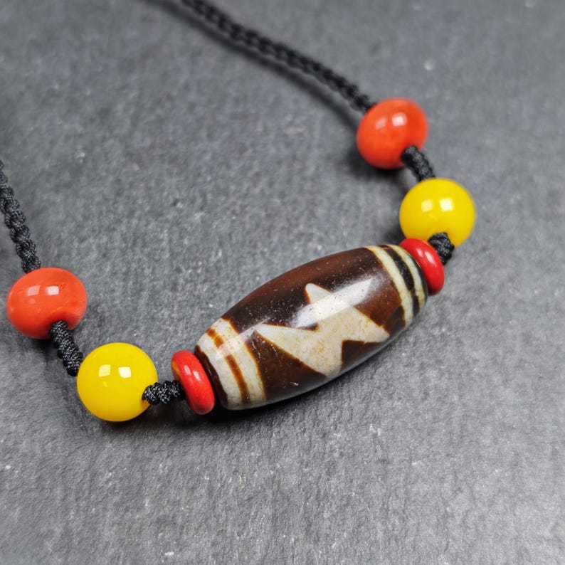 Fire Agate Thunder 5 Eyes Dzi Necklace 30*15mm