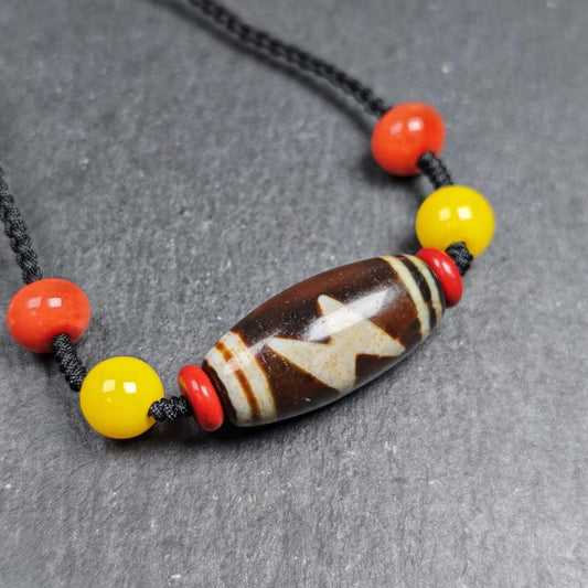 Fire Agate Thunder 5 Eyes Dzi Necklace 30*15mm