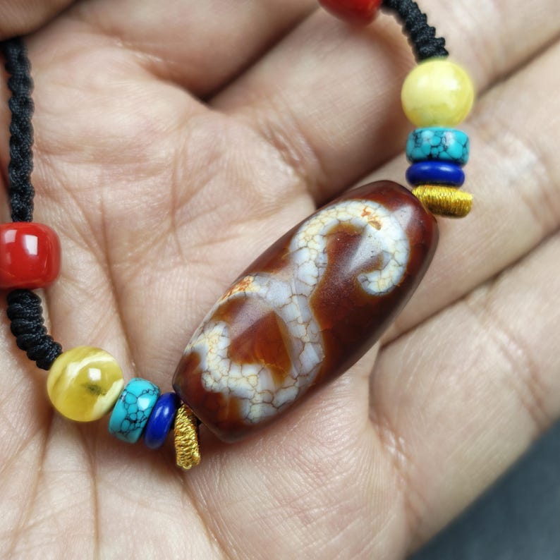 Vintage Fire Lotus Dzi Bead Necklace | 31*15mm