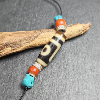 Antique 2 Eyes Dzi Bead Clavicle Necklace - Tibetan Buddhist bead necklace, view 4