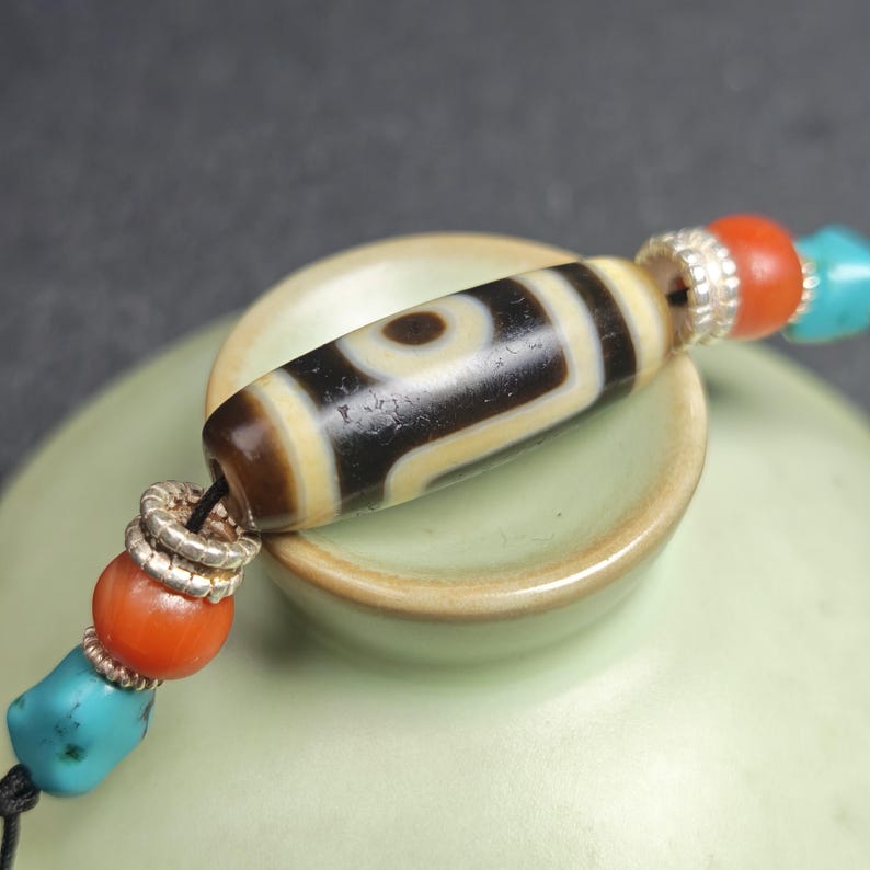 Antique 2 Eyes Dzi Bead Clavicle Necklace - Tibetan Buddhist bead necklace, view 6