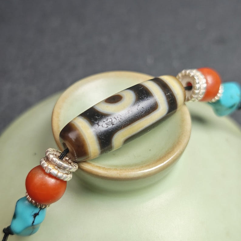 Antique 2 Eyes Dzi Bead Clavicle Necklace - Tibetan Buddhist bead necklace, view 10