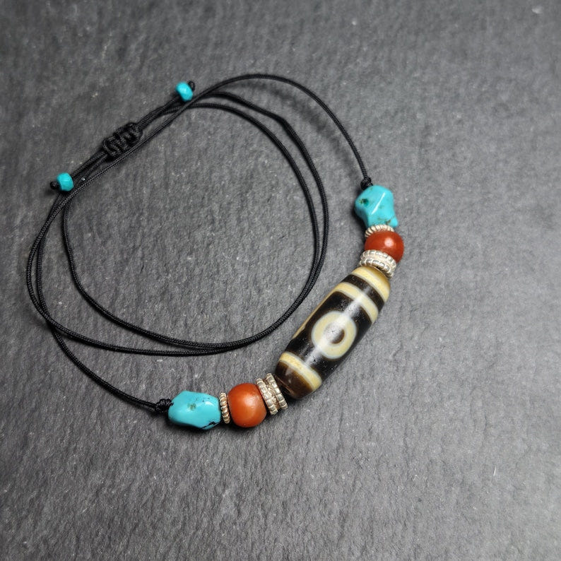 Antique 2 Eyes Dzi Bead Clavicle Necklace - Tibetan Buddhist bead necklace, view 5