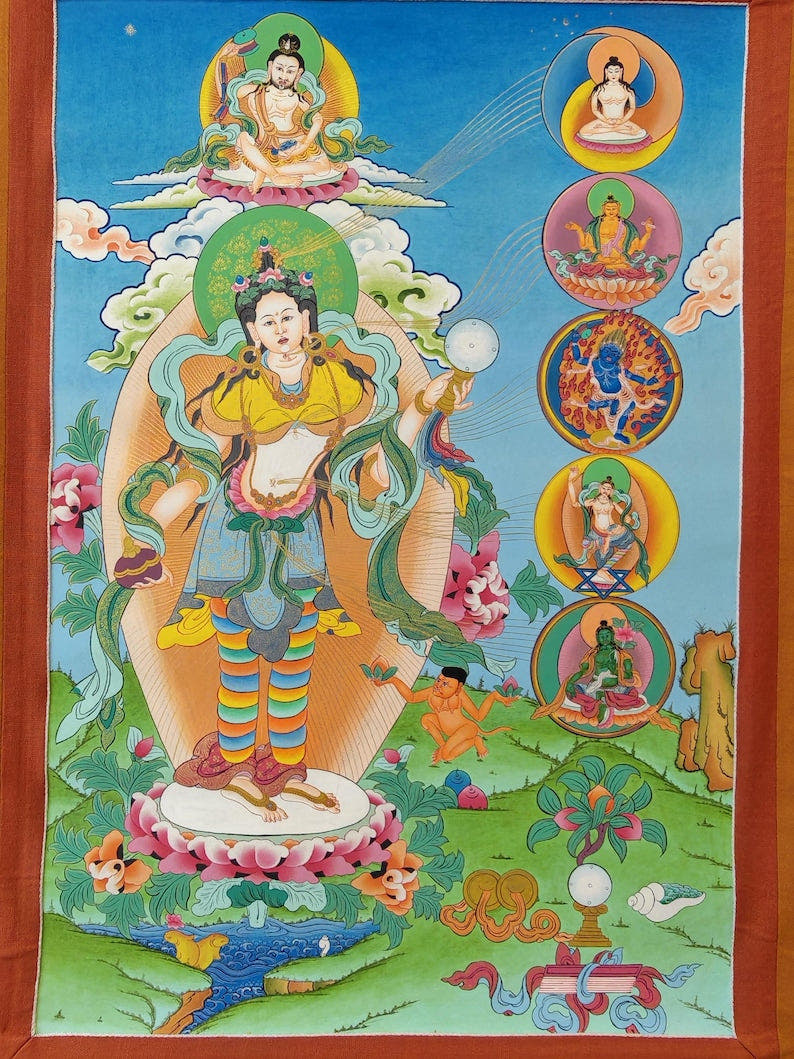 Hand Painted Yeshe Tsogyal Thanka - 130cm Height - Tibetan thangka painting, detailed view