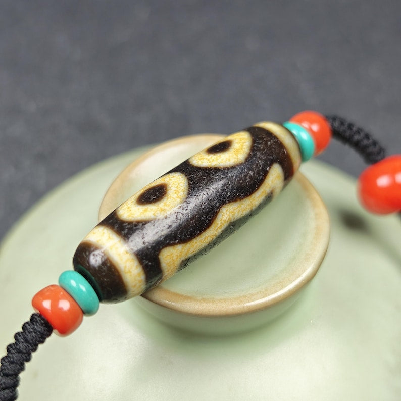 Vintage 3 Eyes Dzi Bead Necklace | Tibetan Dzi Amulet 36*11mm Gandhanra-ART
