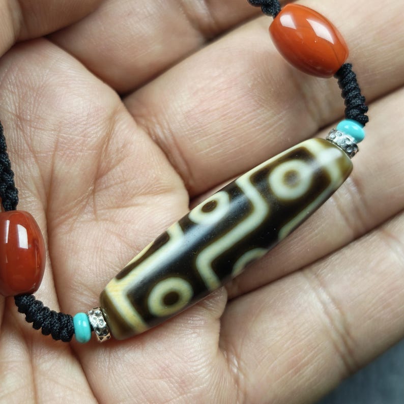 Vintage 9 Eyes Dzi Bead Necklace - Tibetan Buddhist bead necklace, view 9