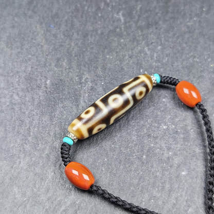 Vintage 9 Eyes Dzi Bead Necklace - Tibetan Buddhist bead necklace, detailed view