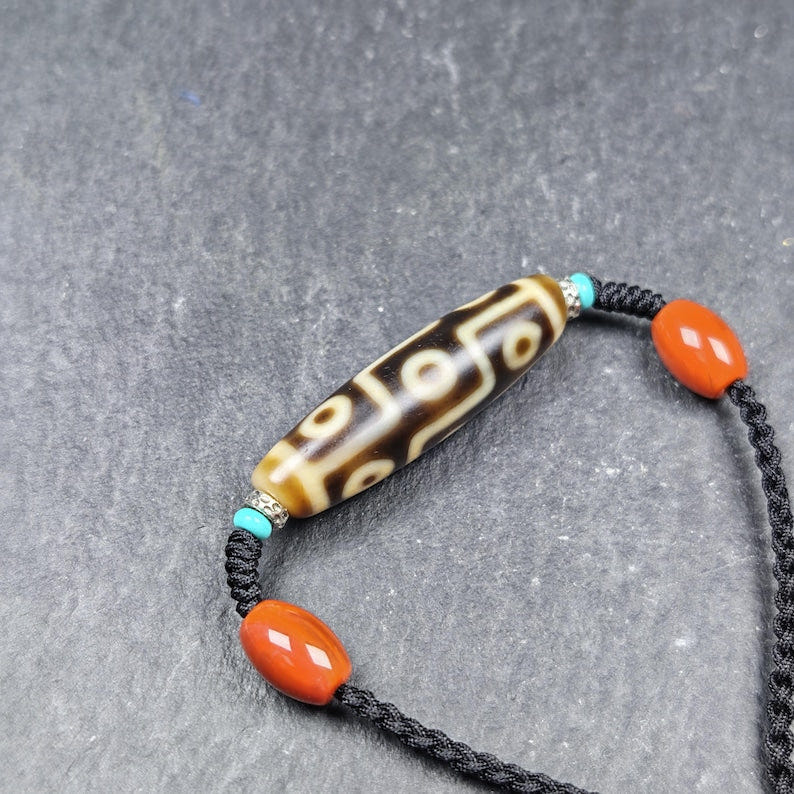 Vintage 9 Eyes Dzi Bead Necklace - Tibetan Buddhist bead necklace, detailed view