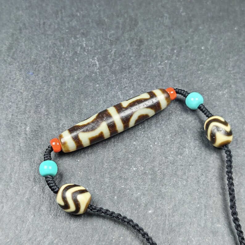 Authentic Dual Sky Earth Dzi Bead Necklace | Tibetan Dzi Amulet