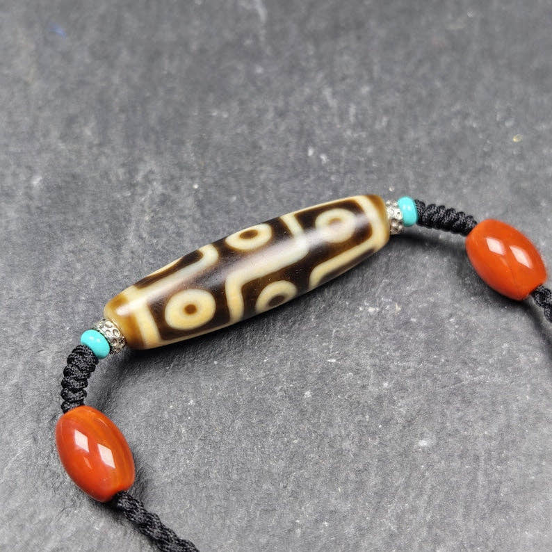 Vintage 9 Eyes Dzi Bead Necklace - Tibetan Buddhist bead necklace, front view