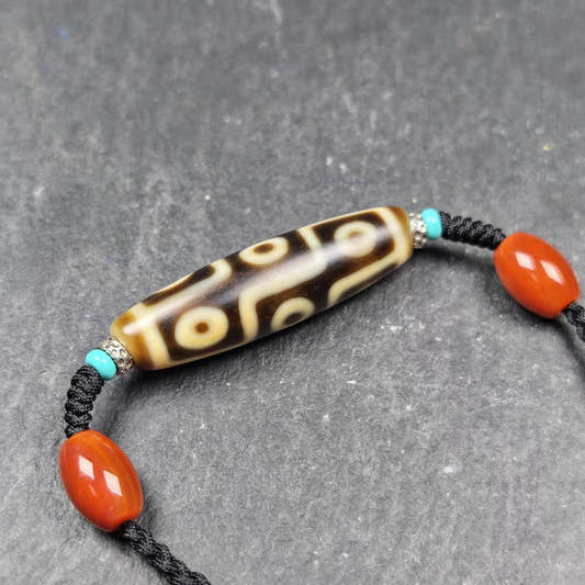 Vintage 9 Eyes Dzi Bead Necklace - Tibetan Buddhist bead necklace, front view