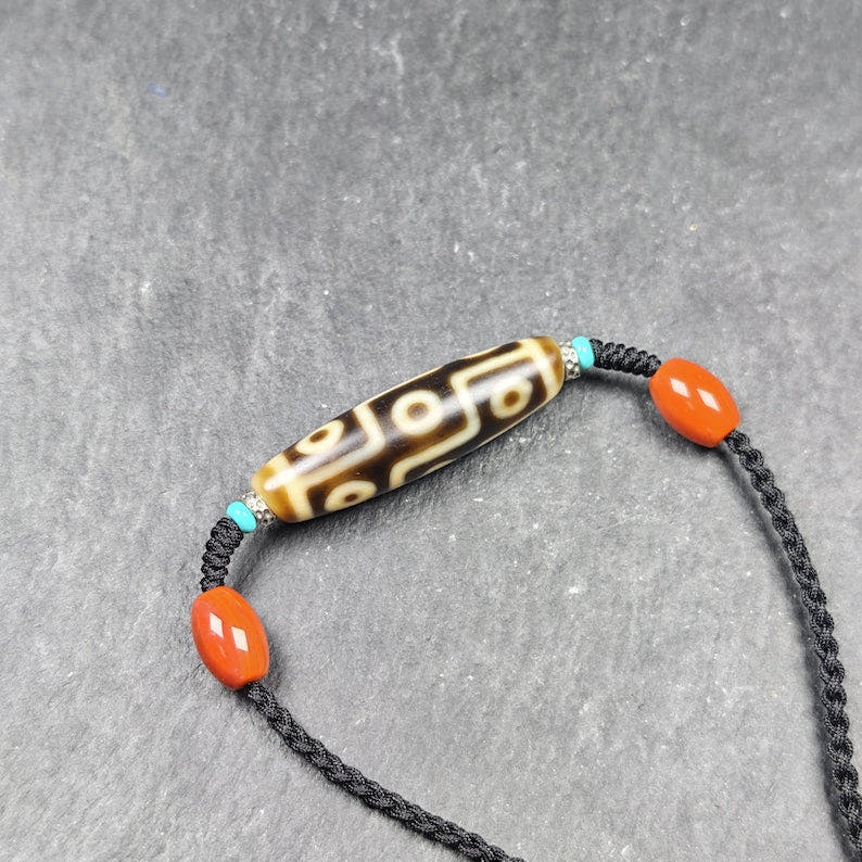 Vintage 9 Eyes Dzi Bead Necklace - Tibetan Buddhist bead necklace, close-up detail