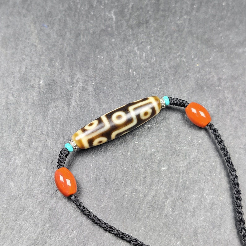 Vintage 9 Eyes Dzi Bead Necklace - Tibetan Buddhist bead necklace, close-up detail