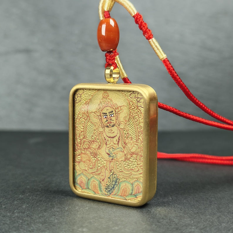 Hand-Painted Yellow Jambhala Locket Thangka - Tibetan Gau Box Amulet