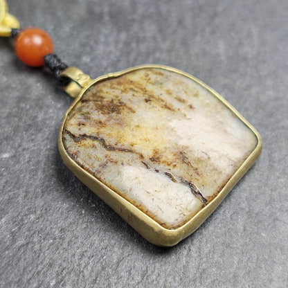 Antique Shield-shaped Kapala Amulet 36mm - Tibetan Buddhist amulet, close-up detail