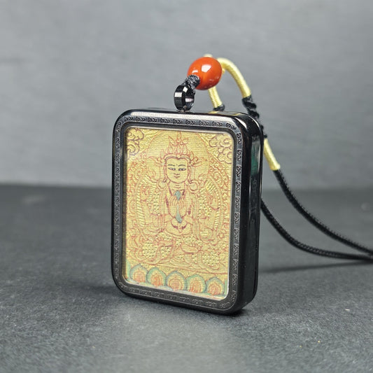 Hand-Painted Chenrezig Locket Thangka - Tibetan Gau Box Amulet