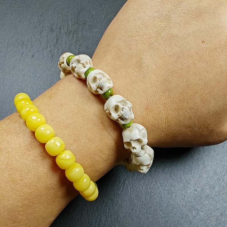 Gandhanra Authentic Tibetan Citipati Skull Bead Bracelet | Unique White Deer Antler Wrist Mala with Mixed Turquoise | Handmade from Hepo Town Crafts