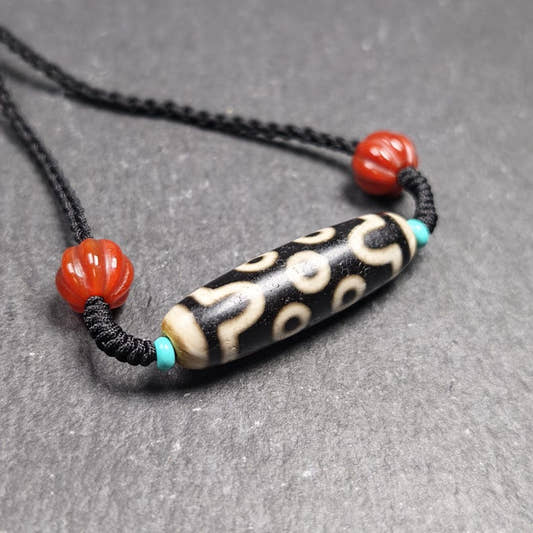Antique 7 Eyes Dzi Bead Necklace - Tibetan Buddhist bead necklace, front view