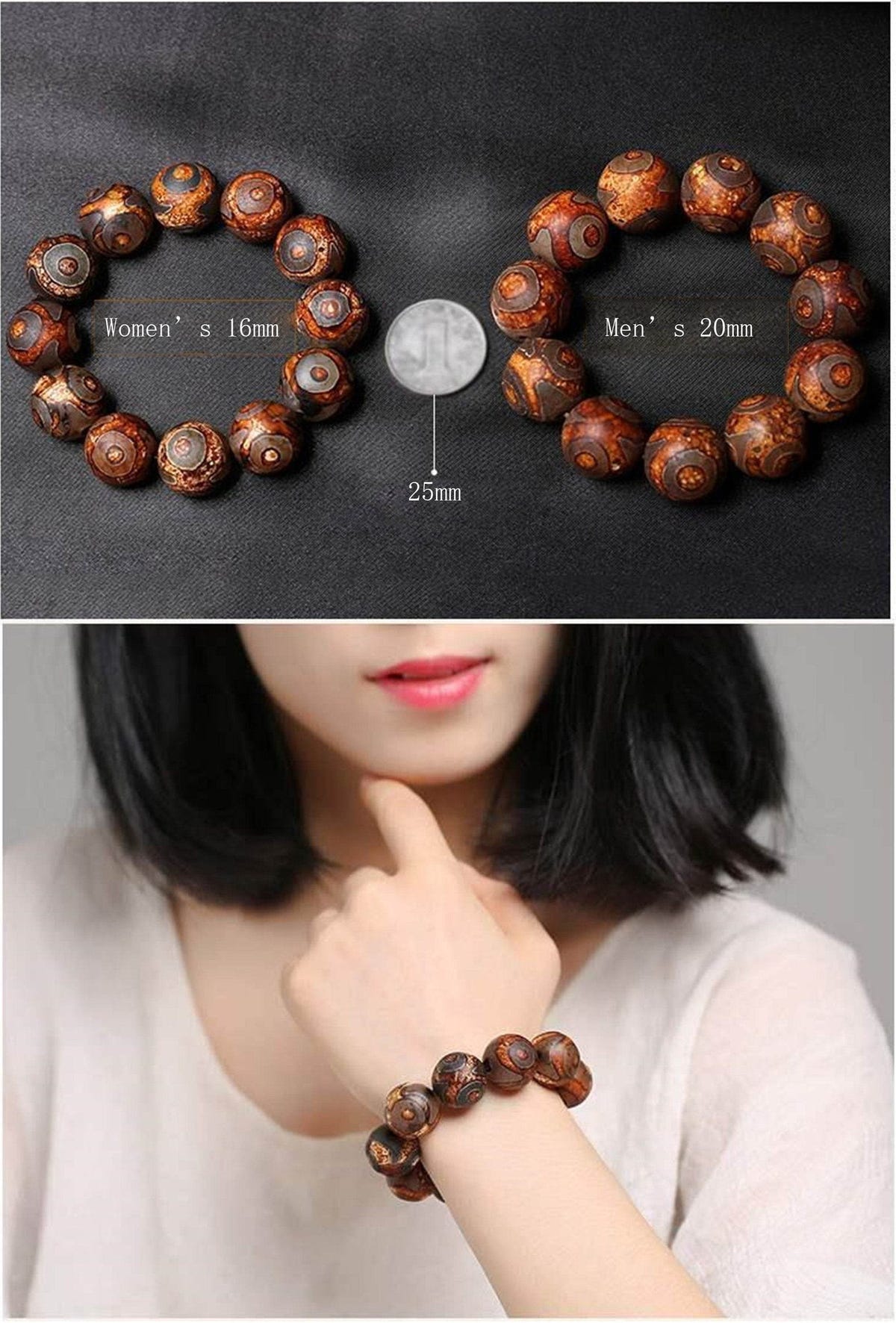 3 Eyes Dzi Bead Bracelet - Tibetan Buddhist mala beads, view 9