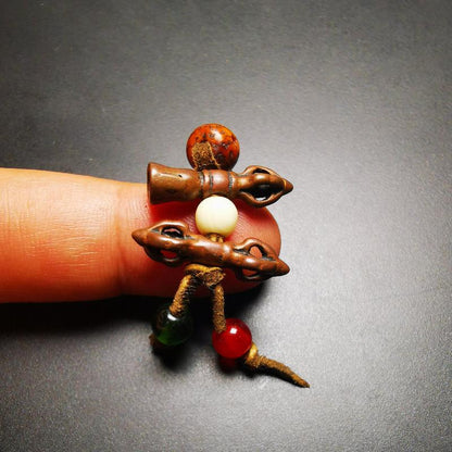 Antique Tibetan Amulet,Mini Vajra and Tibetan Bell Bead Pendant for Mala Prayer Beads