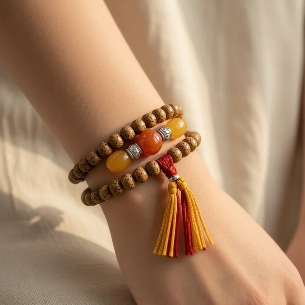 Authentic 9mm Lotus Seed Beads Wrist Mala Bracelet: Old Tibetan Rosary - Tibetan Buddhist mala beads, front view