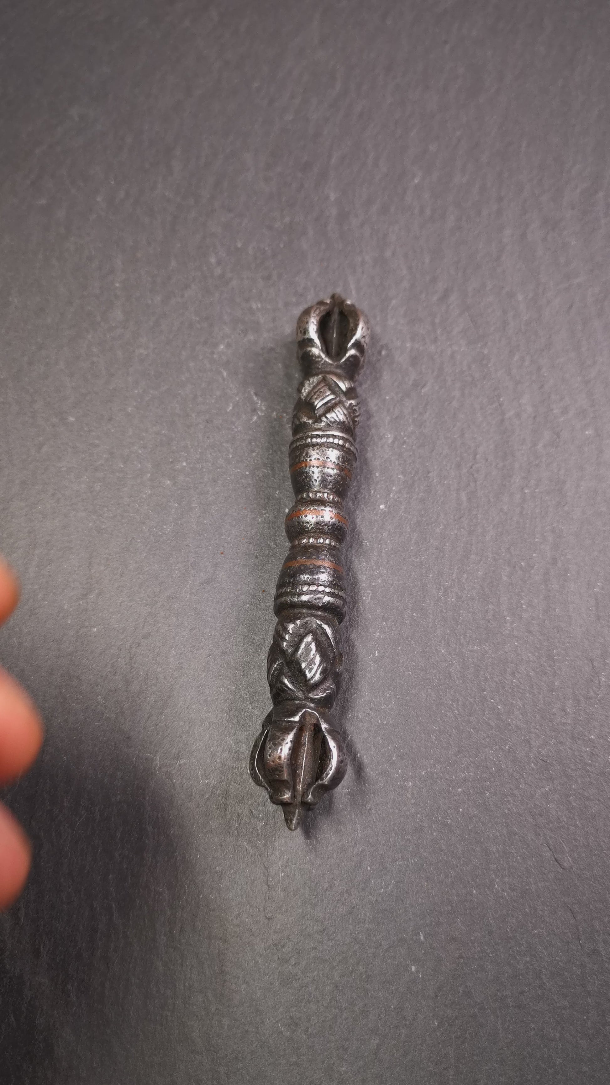 These beautiful vajra were handmade by Tibetan craftsmen from Tibet in 1990's,from Hepo Town, Baiyu County, the birthplace of the famous Tibetan handicrafts. It is five-pronged vajra,made of cold iron,inlaid copper wire,black color.