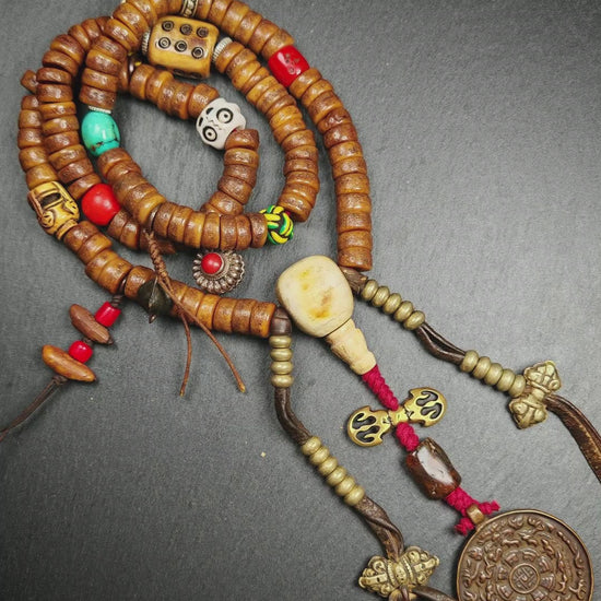 Gandhanra Authentic Tibetan Kapala Mala Necklace - 19th Century Old Skull Bone Prayer Bead with Lama Blessings