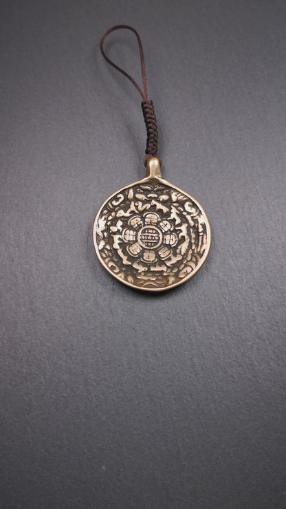 This type of sipaho badge was made by Tibetan craftsmen and come from Hepo Town, Baiyu County, the birthplace of the famous Tibetan handicrafts. It is made of lima brass,1.88 inch diameter,the front is Tibetan Budhist amulet symbol - Melong. 