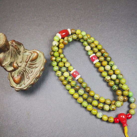 Gandhanra Old 108 Turquoise Beads Mala,Tibetan Prayer Beads for Meditation,Diameter 0.28", Circumference 32 inches