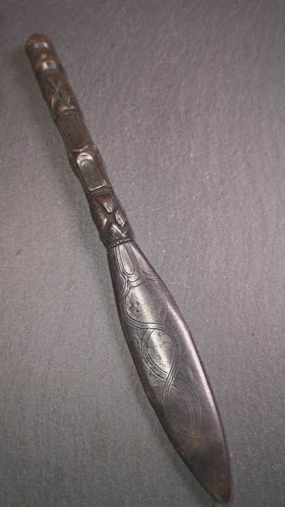 Gandhanra Tibetan Buddhist Ritual Implement - Kila -Dorje Phurba,Made of Cold Iron and Copper.It is 9" length,black type,carved double helix pattern,handmade by Tibetan craftsmen from Tibet in 1990's.