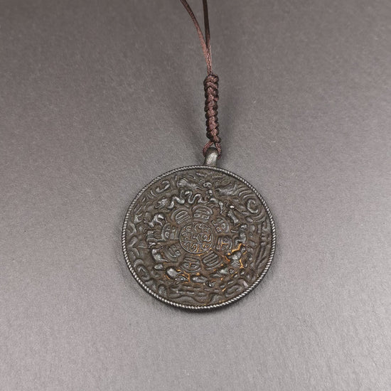 This unique melong badge was collected from Rejia Monastery. It's a Astrology Protective Amulet Pendant,made of thokcha and carved 2 sided pattern. The shape is Tibetan Budhist amulet badge - SIPAHO. The front is calendar pattern, and the back is elephant.