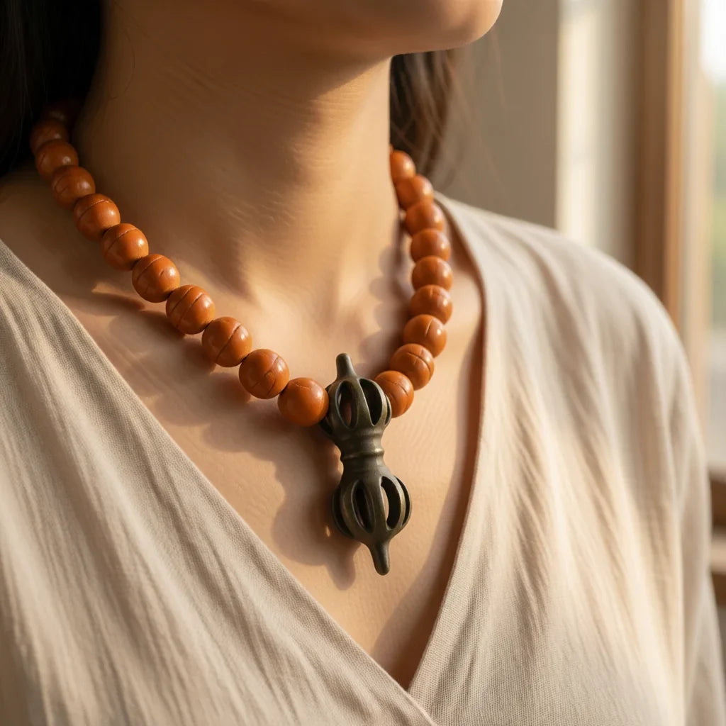 Vintage Tibetan Thokcha Vajra Amulet for Prayer Bead,Mala Pendant,32mm - Tibetan Buddhist mala beads, front view