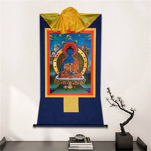 Akshobhya-A Buddha before Bhaisajyaguru Medicine Buddha - Tibetan thangka painting, detailed view