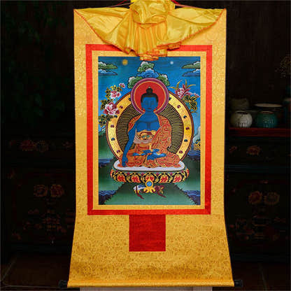 Akshobhya-A Buddha before Bhaisajyaguru Medicine Buddha - Tibetan thangka painting, view 14
