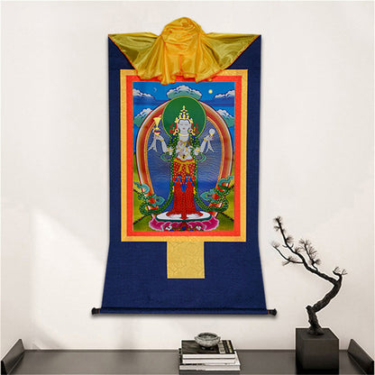Gandhanra-Thangka-Art-Avalokitesvara-Padmapani-ChenrezigGandhanra Bronzing Printed Tibetan Thangka Art - Chenrezig Thangka, Hand Framed Tibetan Buddhist Thangka Wall Hanging