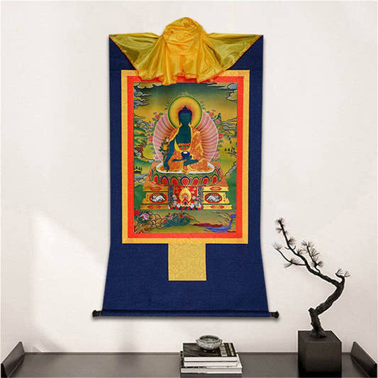 Bhaisajyaguru-Medicine Buddha - Tibetan thangka painting, detailed view