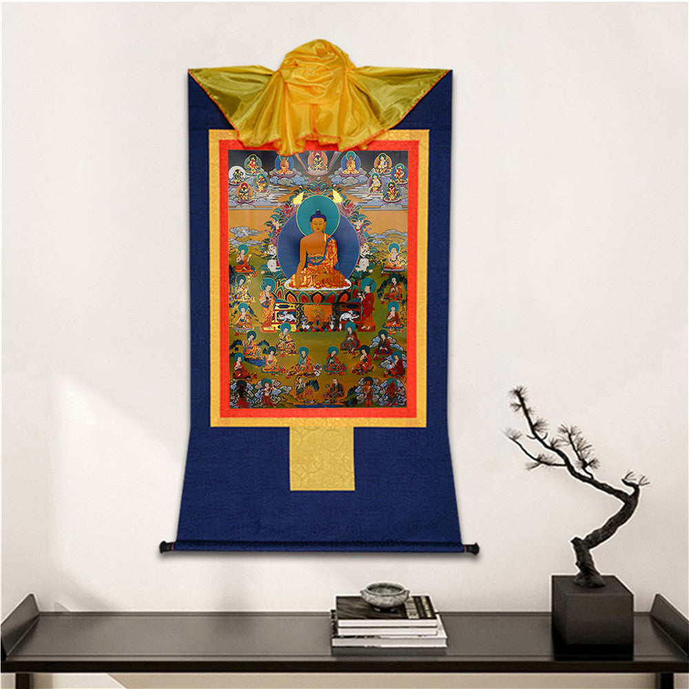 Gandhanra Bronzing Printed Tibetan Thangka Art - Shakyamuni and The Eighteen Arhats Thangka, Hand Framed Tibetan Buddhist Thangka Wall Hanging