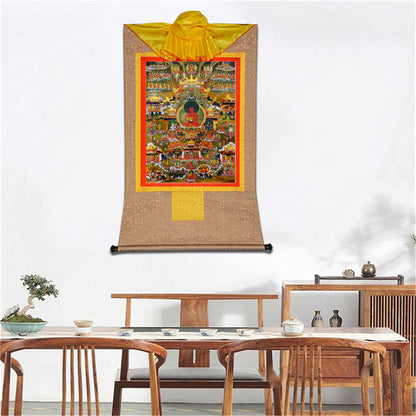 Gandhanra Thangka Art Elysium of Buddhism SukhavatiGandhanra Bronzing Printed Tibetan Thangka Art - Amitabha Thangka(Pure Land,Sukhavati), Hand Framed Tibetan Buddhist Thangka Wall Hanging