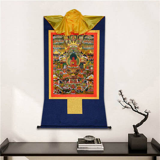 Elysium of Buddhism,Sukhavati - Tibetan thangka painting, detailed view