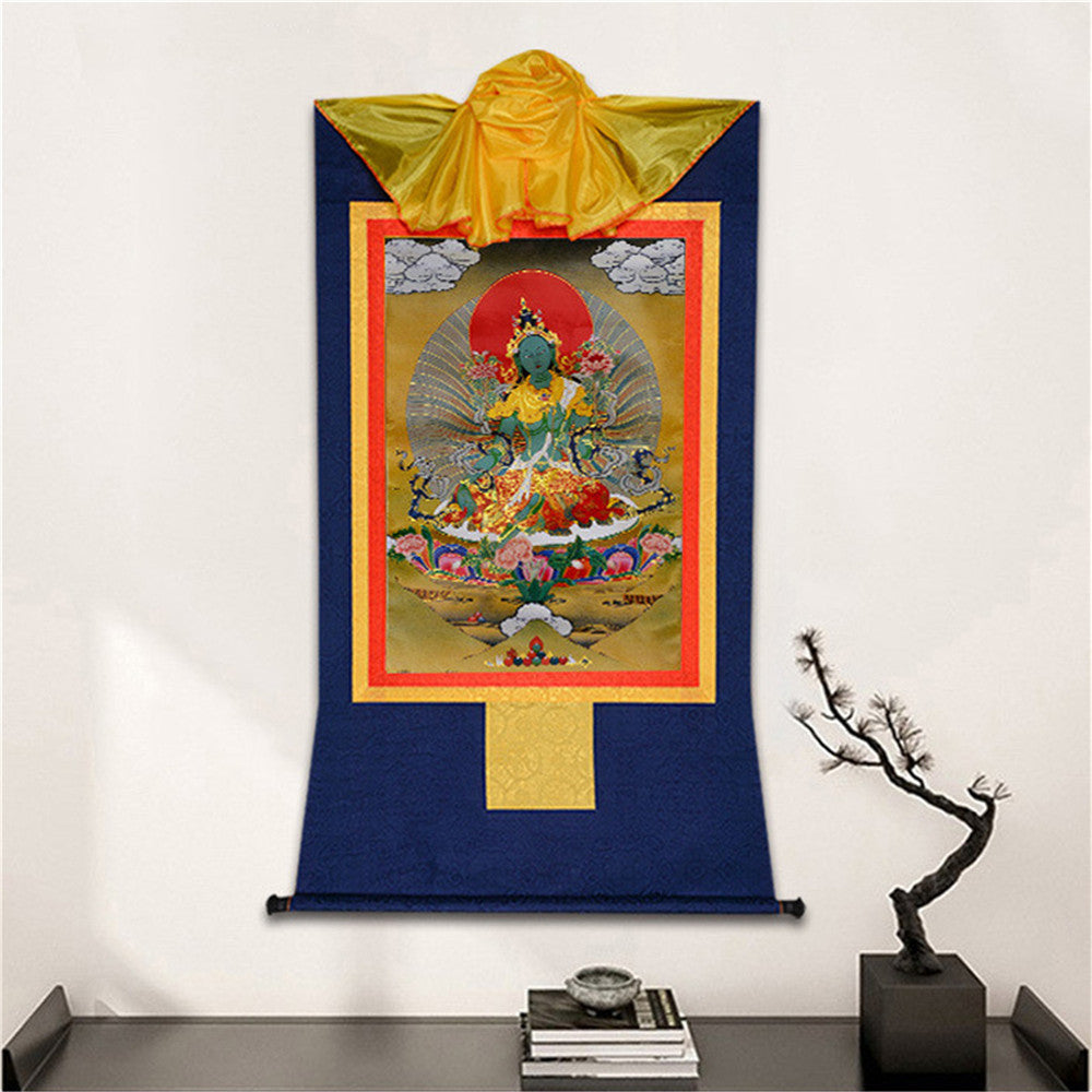 Gandhanra Bronzing Printed Tibetan Thangka Art - Green Tara Thangka, Hand Framed Tibetan Buddhist Thangka Wall Hanging