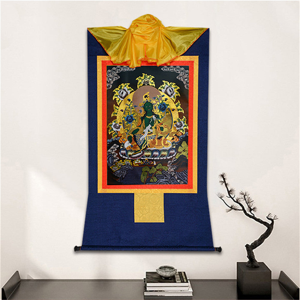 Gandhanra Bronzing Printed Tibetan Thangka Art - Green Tara Thangka(Black Type), Hand Framed Tibetan Buddhist Thangka Wall Hanging
