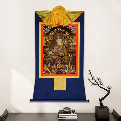 Gandhanra Bronzing Printed Tibetan Thangka Art - Guru Rinpoche Thangka (Black Type), Hand Framed Tibetan Buddhist Thangka Wall Hanging