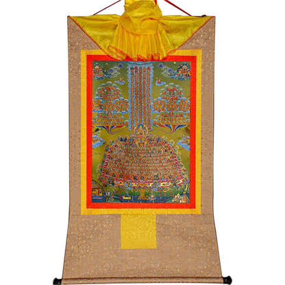 Je Tsongkhapa,Losang Drakpa,Je Rinpoche on Refuge Tree - Tibetan thangka painting, close-up detail