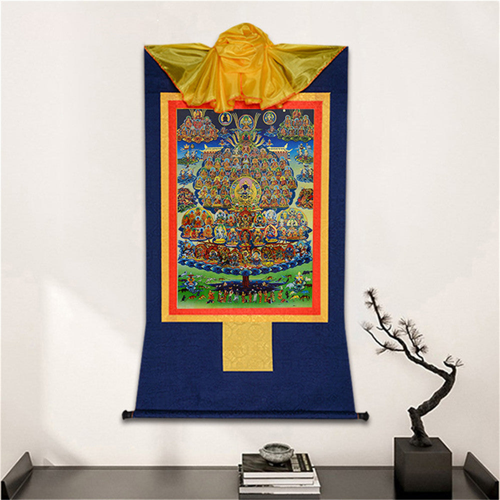 Gandhanra Bronzing Printed Tibetan Thangka Art - Karma Kagyu Refuge Tree Thangka, Hand Framed Tibetan Buddhist Thangka Wall Hanging