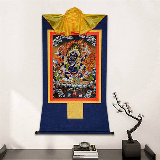 ནག་པོ་ཆེན་པོ། Six Armed Mahakala - Tibetan thangka painting, detailed view